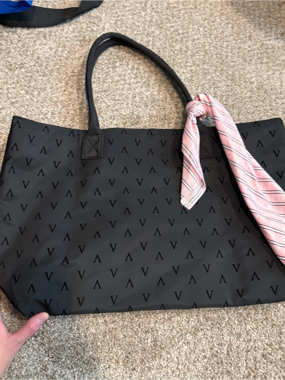 Victoria’s Secret Black Tote Bag with Pink Scarf Accent